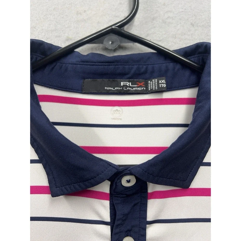 RLX Ralph Lauren Polo Shirt Mens 2XL Pink White Striped Golf Performance Pocket